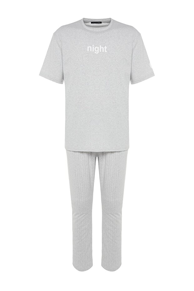 Gri Baskılı Regular Fit Örme Pijama Takımı THMAW21PT0393 - 6