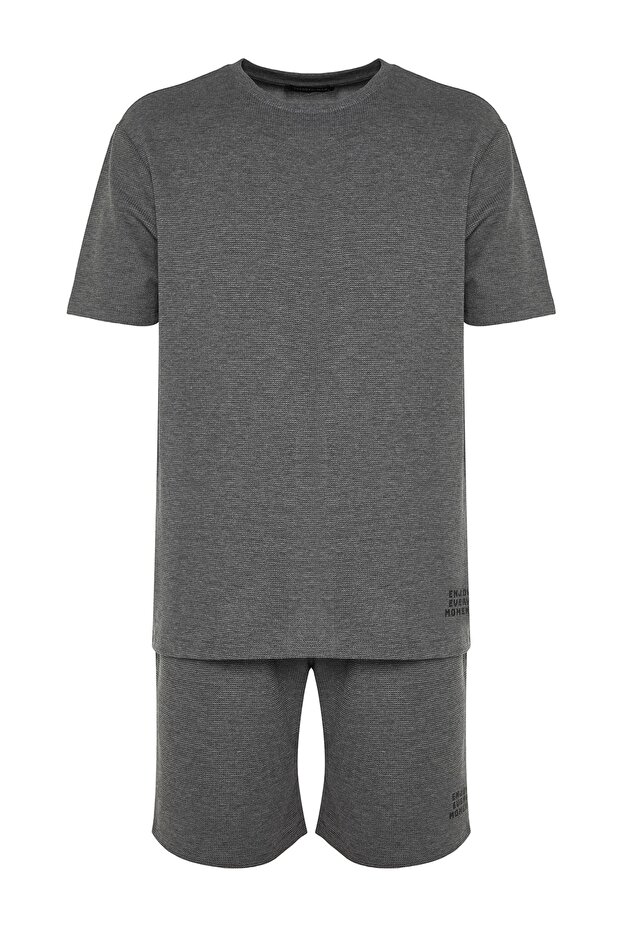 Antrasit Regular Fit Dokulu Örme Şortlu Pijama Takımı TMNSS23PT00032 - 7