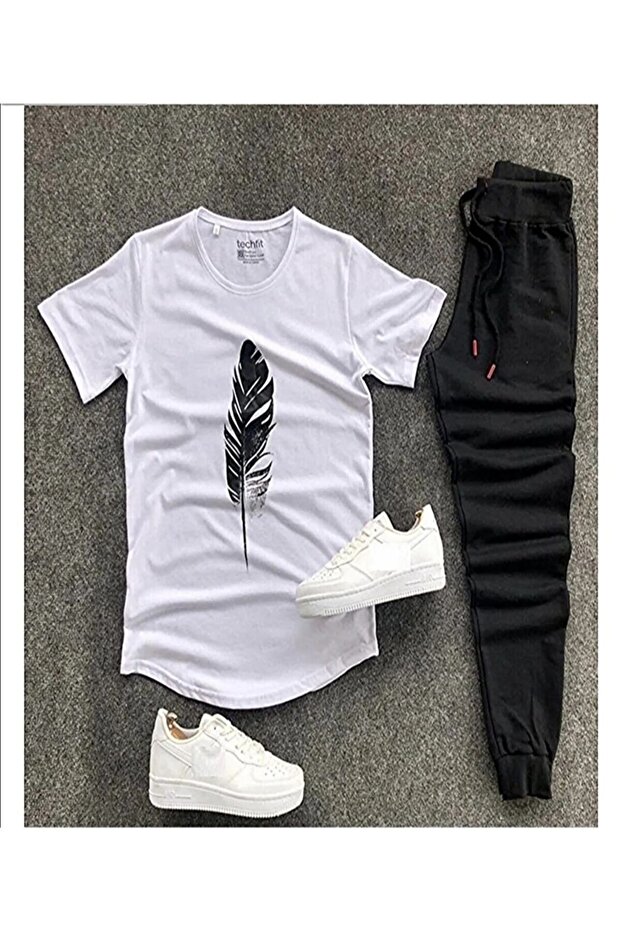 Unisex White Leaf Printed T-Shirt Black Sweatpants Slim Fit Combined Top and Bottom Set