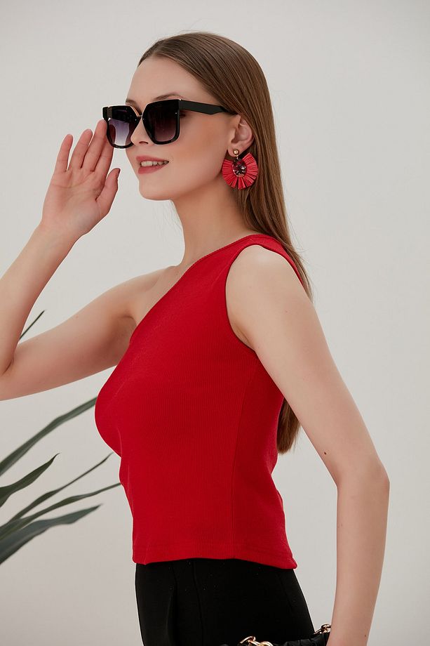 Kırmızı Crop Tek Omuz Detaylı Kaşkorse Bluz - 5