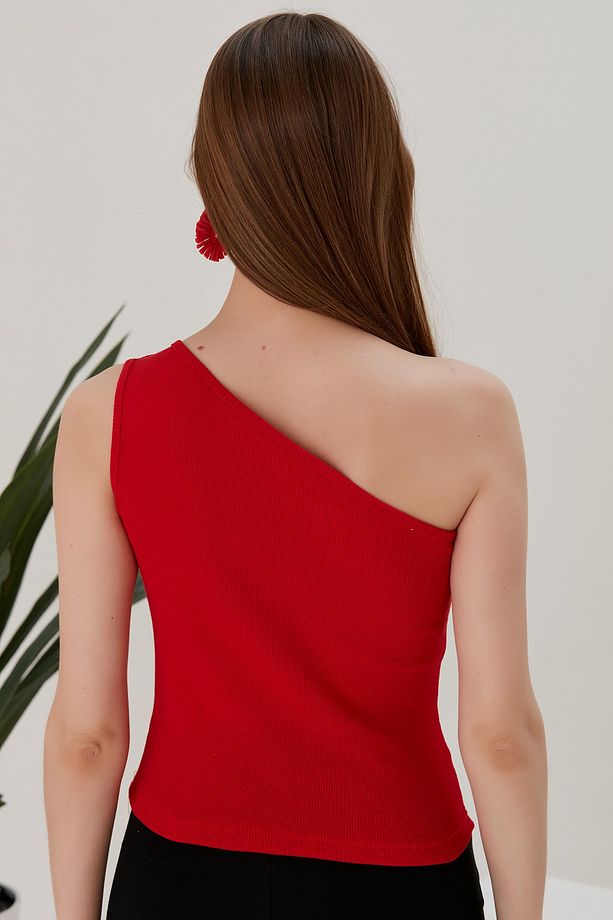 Kırmızı Crop Tek Omuz Detaylı Kaşkorse Bluz - 8