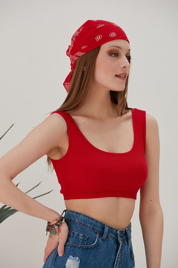 Kırmızı Fitted/vücuda Oturan Havuz Yaka Fitilli Esnek Örme Atlet - 4