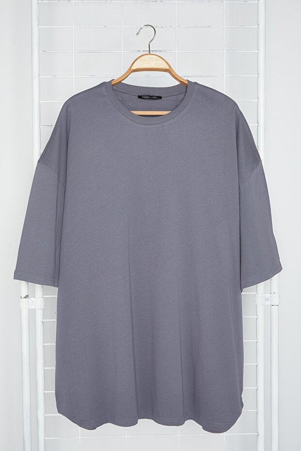 Büyük Beden Antrasit Oversize/Geniş Kesim %100 Pamuklu T-Shirt TMNSS23TS00139 - 13