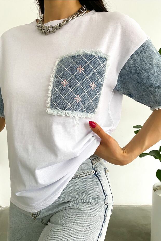 Women's White T-shirt with Denim Detail on Sleeves and Pocket, Embroidered, 100% Cotton