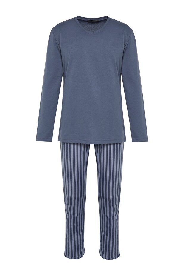 Açık Mavi Regular Fit Baskılı Örme %100 Pamuk Pijama Takımı THMAW21PT0715 - 8
