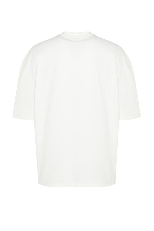 Ekru Oversize %100 Pamuklu Minimal Yazı Baskılı Tok Kumaş T-shirt TMNSS23TS00084 - 8