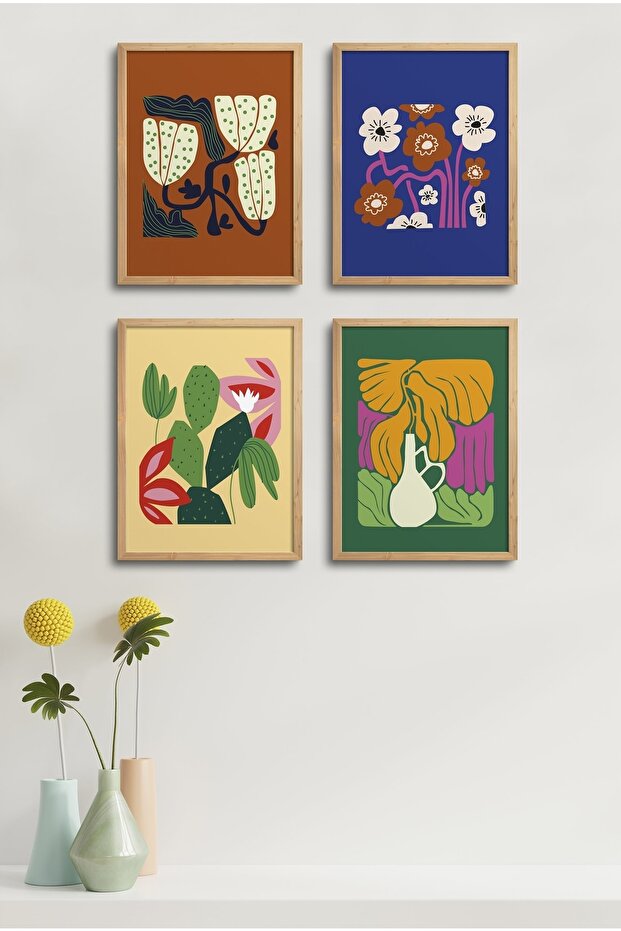 4 Piece Framed Painting Set? Flower Design 18X23 cm 30X40 cm Black and White Wooden Frame? D-030