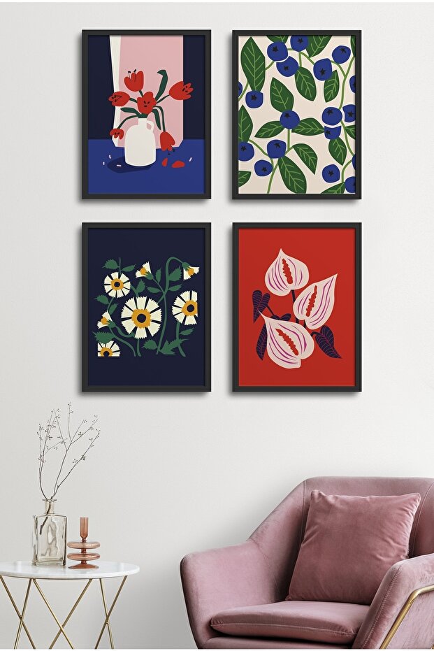 4 Piece Framed Painting Set? Flower Design 18X23 cm 30X40 cm Black and White Wooden Frame? D-028