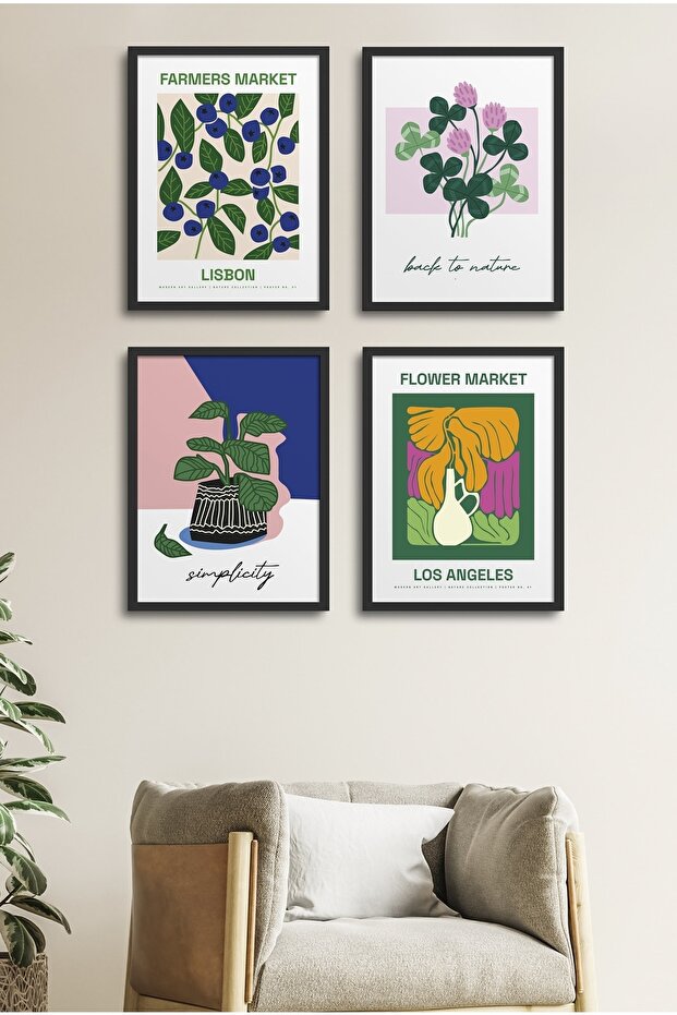 4 Piece Framed Painting Set? Flower Design 18X23 cm 30X40 cm Black and White Wooden Frame? D-040