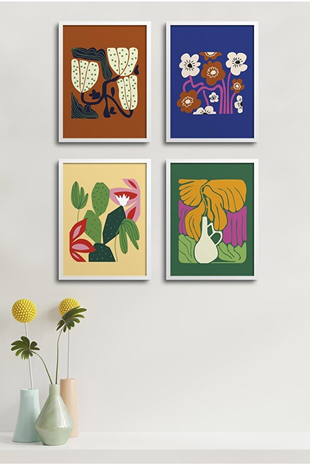4 Piece Framed Painting Set? Flower Design 18X23 cm 30X40 cm Black and White Wooden Frame? D-030