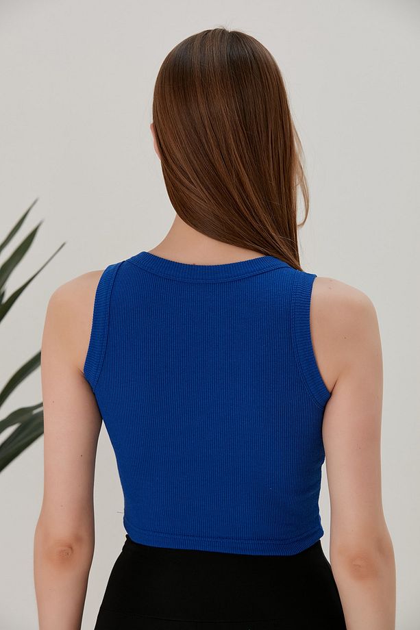 Saks Mavi Fitted/vücuda Oturan Geniş Biyeli Halter Yaka Fitilli Esnek Örme Crop Bluz - 8