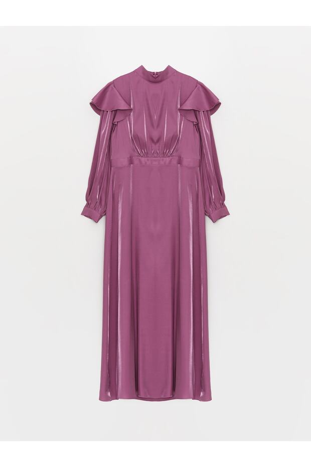 High Collar Straight Long Sleeve Satin Women's Dress