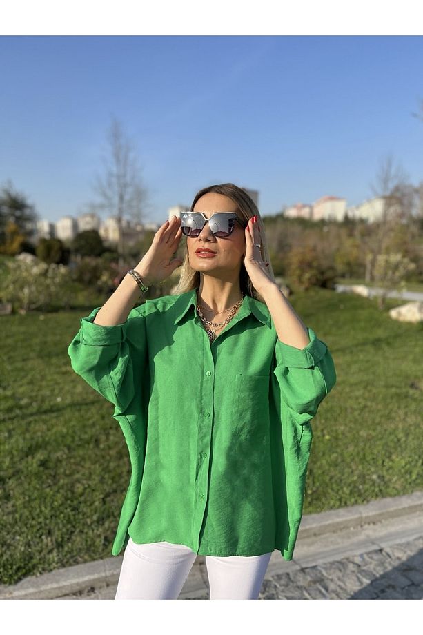 Ayrobin Kumaş Marka Etiketli Oversize Gömlek Yeşil - 2