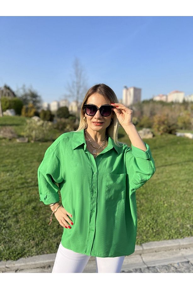Ayrobin Kumaş Marka Etiketli Oversize Gömlek Yeşil - 4