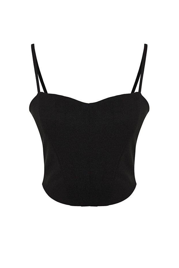 Siyah Fitted/Vücuda Oturan Crop Ayarlanabilir Askılı Krep Örme Büstiyer TWOSS23BS00036 - 7
