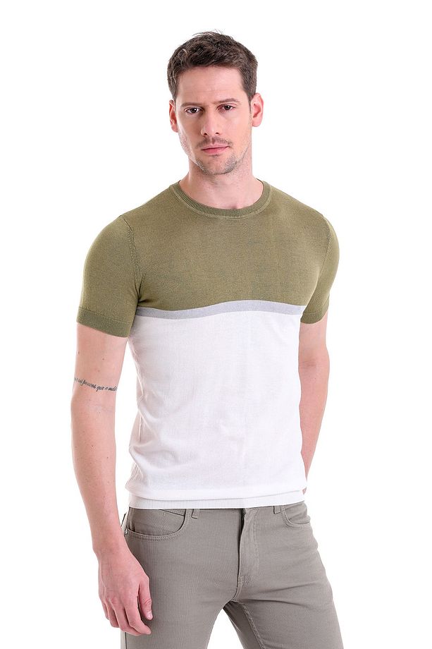 Yeşil Regular Fit Desenli Bisiklet Yaka Triko Tişört - 1