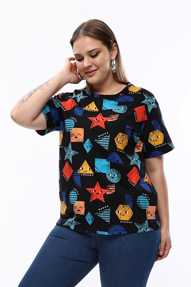 Women's Large Size Comfortable Daily Use Basic T-Shirt with Happy Shapes Print Detail-Black