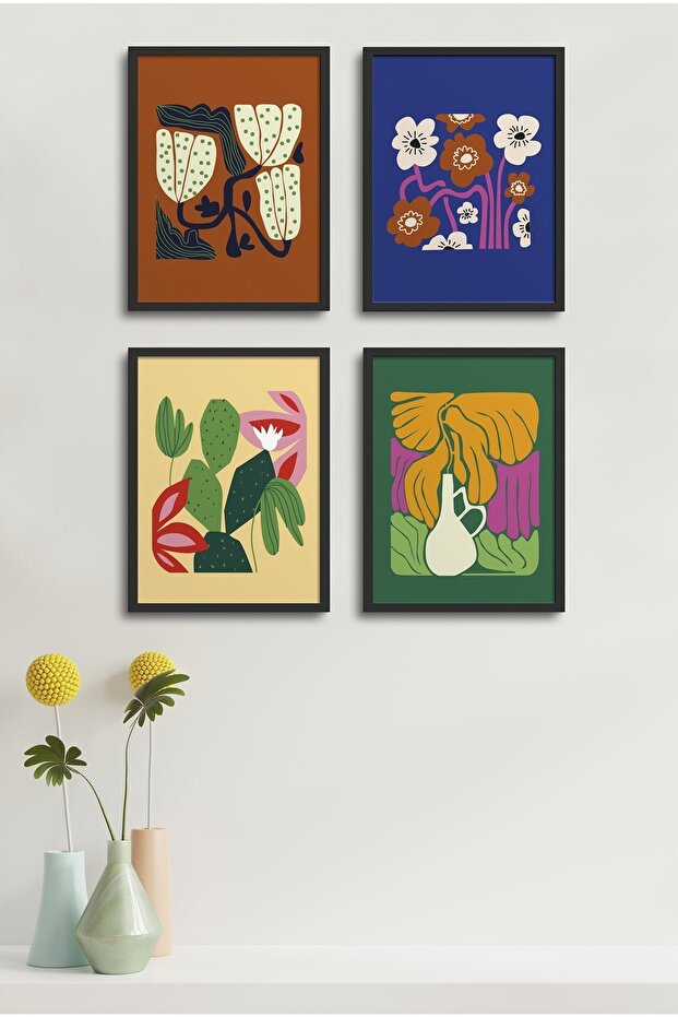 4 Piece Framed Painting Set? Flower Design 18X23 cm 30X40 cm Black and White Wooden Frame? D-030