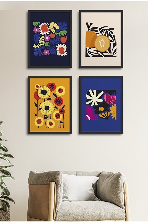 4 Piece Framed Painting Set? Flower Design 18X23 cm 30X40 cm Black and White Wooden Frame? D-031