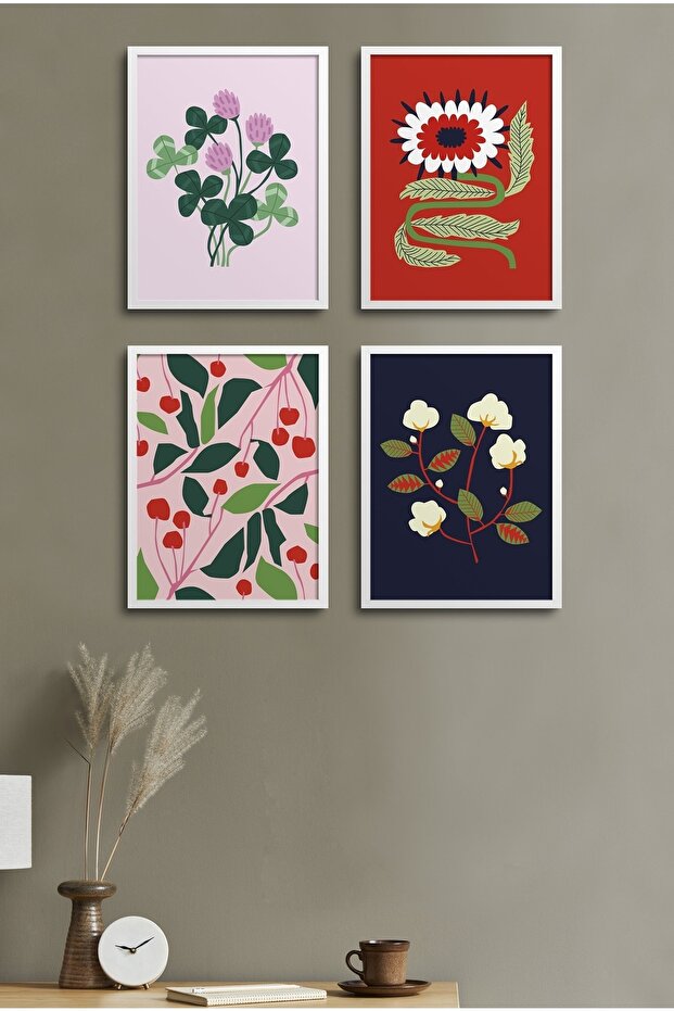 4 Piece Framed Painting Set? Flower Design 18X23 cm 30X40 cm Black and White Wooden Frame? D-027