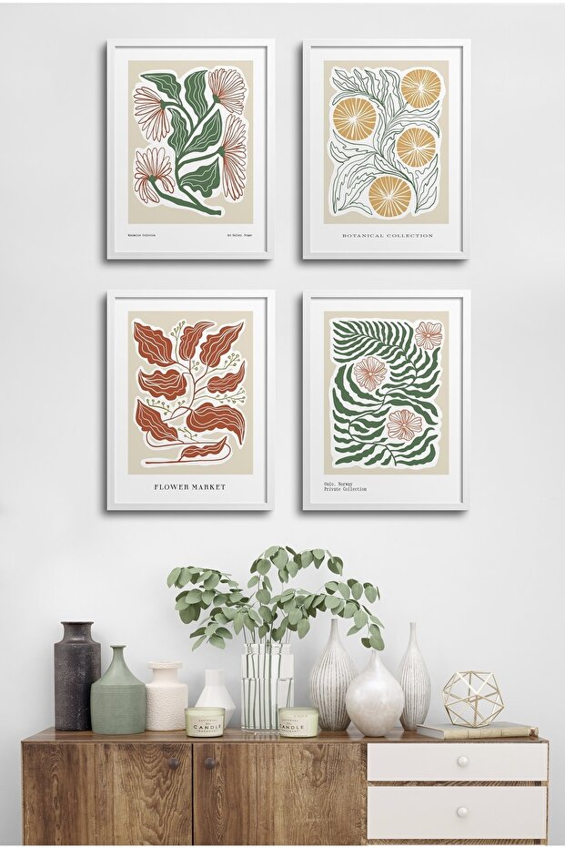 4 Piece Framed Painting Set? Flower Design 18X23 cm 30X40 cm Black and White Wooden Frame? D-033