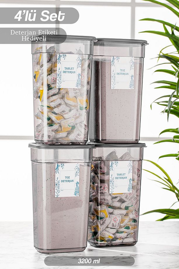 4 Adet Elina Jumbo Etiketli Dikdörtgen Saklama Kabı - Tablet Deterjan Saklama Kutusu seti 3200 ml - 1