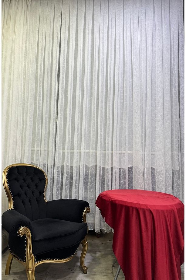 Tül | Keten Görünüm | Beyaz | 1 X 2,5 Pileli | Kornişli | Tek Parça | Hazır - 5