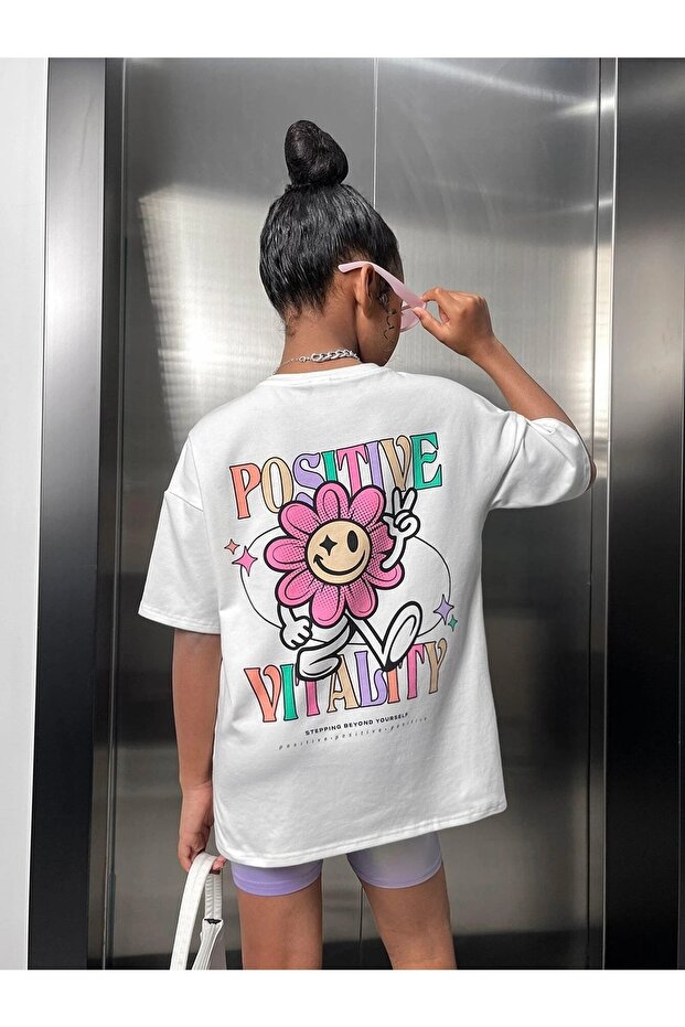 White Positive Back Print Girl T-Shirt
