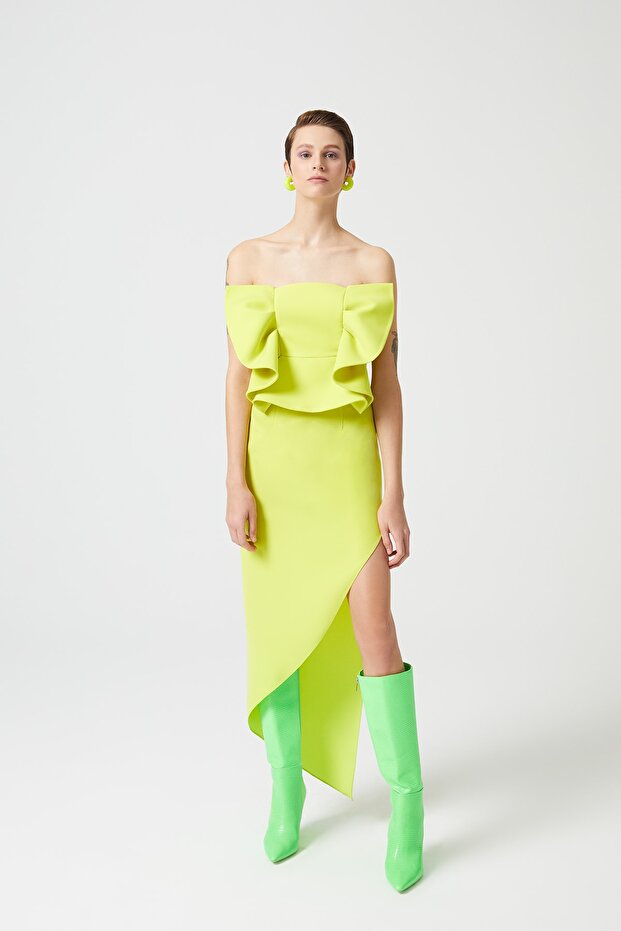 Neon Green Asymmetric Cut Strapless Bow Detailed Dress