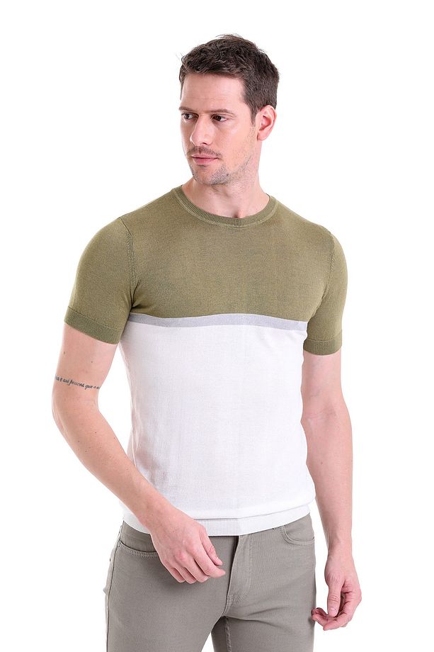 Yeşil Regular Fit Desenli Bisiklet Yaka Triko Tişört - 3
