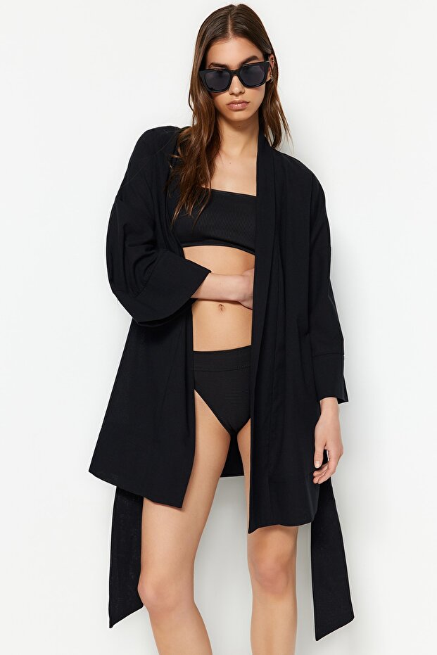 Siyah Dokuma Plaj Mini Kuşaklı Kimono&Kaftan TBESS23KM00080 - 2