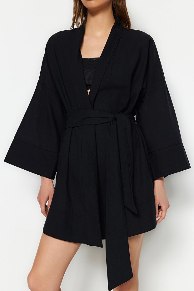 Siyah Dokuma Plaj Mini Kuşaklı Kimono&Kaftan TBESS23KM00080 - 4