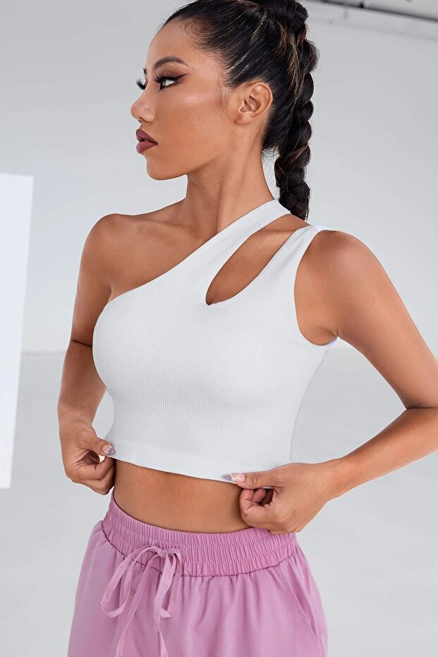 Kadın Beyaz Tek Omuz Cut Out Detaylı Şık Crop Top Bluz - 5