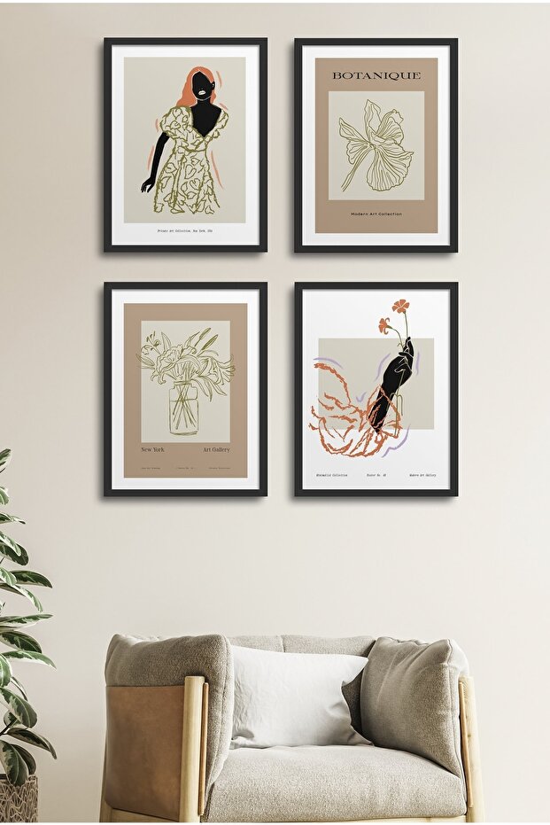 4 Piece Framed Painting Set? Flower Design 18X23 cm 30X40 cm Black and White Wooden Frame? D-037