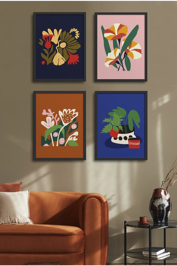 4 Piece Framed Painting Set? Flower Design 18X23 cm 30X40 cm Black and White Wooden Frame? D-029
