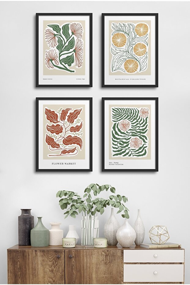 4 Piece Framed Painting Set? Flower Design 18X23 cm 30X40 cm Black and White Wooden Frame? D-033