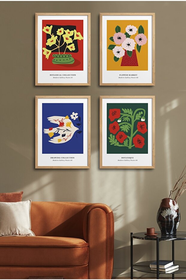 4 Piece Framed Painting Set? Flower Design 18X23 cm 30X40 cm Black and White Wooden Frame? D-036
