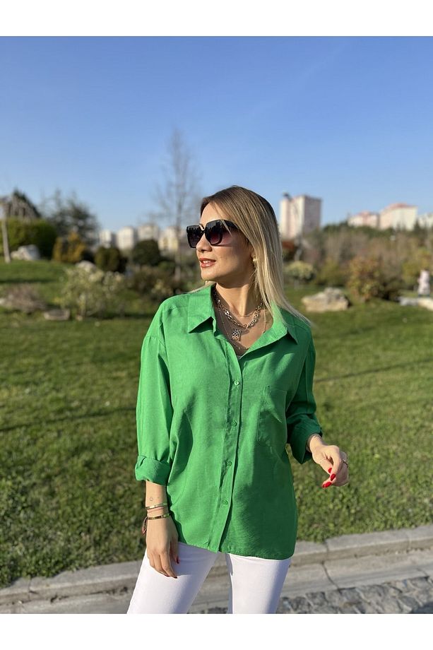 Ayrobin Kumaş Marka Etiketli Oversize Gömlek Yeşil - 1