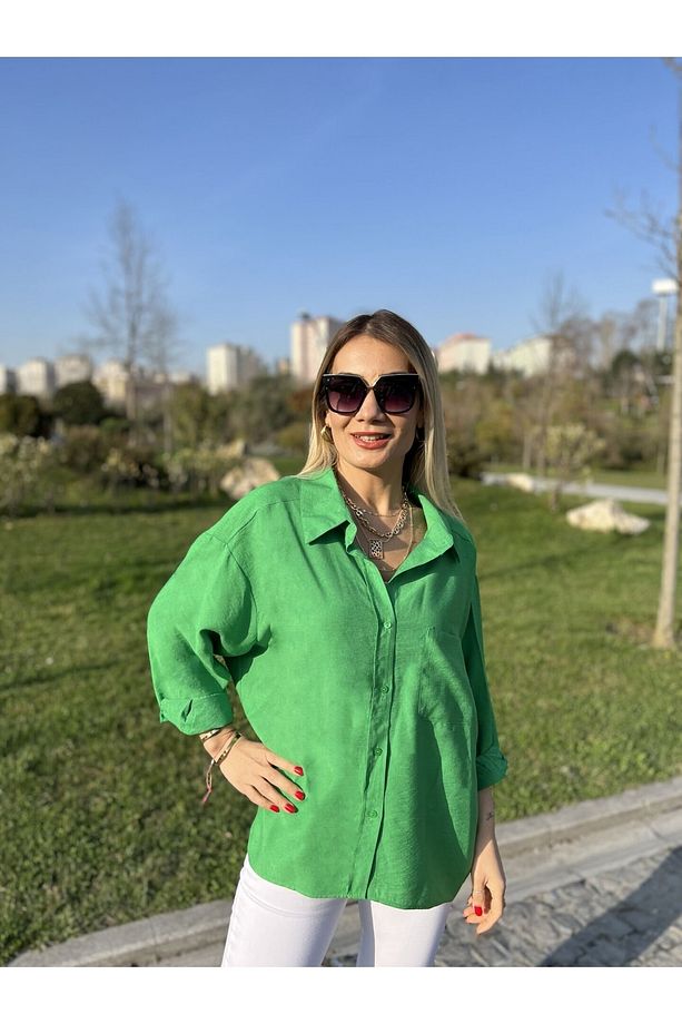 Ayrobin Kumaş Marka Etiketli Oversize Gömlek Yeşil - 3