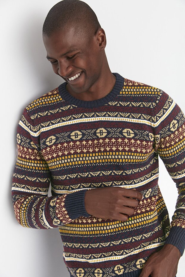 Claret Red Slim Fit Woolen Crew Neck Jacquard Sweater Tmnaw21Kz0377