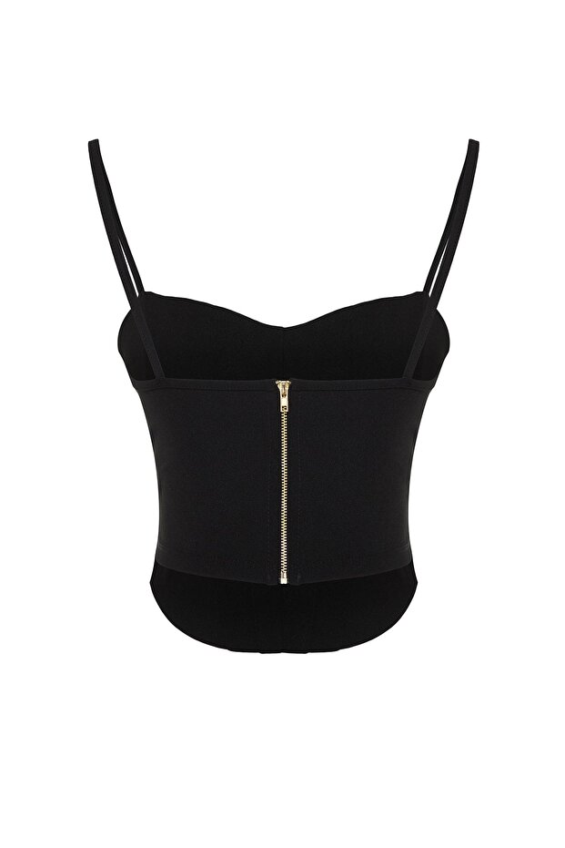 Siyah Fitted/Vücuda Oturan Crop Ayarlanabilir Askılı Krep Örme Büstiyer TWOSS23BS00036 - 8
