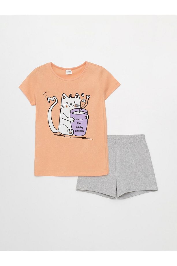 Bisiklet Yaka Baskılı Kısa Kollu Kız Çocuk Şortlu Pijama Takımı - 1