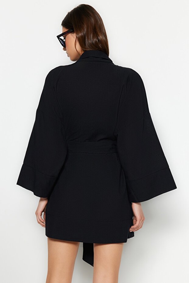Siyah Dokuma Plaj Mini Kuşaklı Kimono&Kaftan TBESS23KM00080 - 6