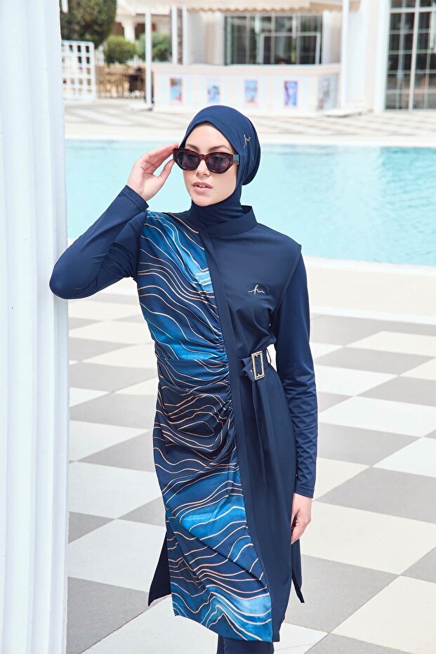 Navy Blue Jelly 4-Piece Hijab Swimsuit Set with Buckle Belt Detail