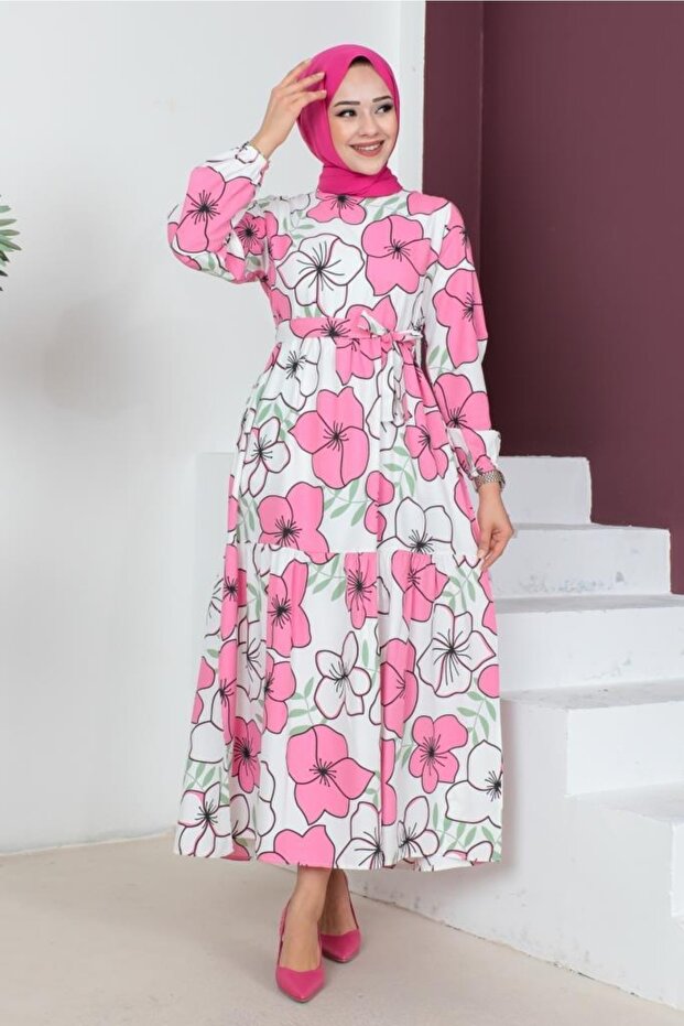 448 Big Flower Patterned Hijab Dress Pink