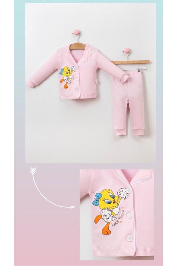 Kız Bebek Tweety Baskılı Önden Düğmeli Pijama Takımı ,alt Üst Gecelik Takımı (6-18 Ay) - 2