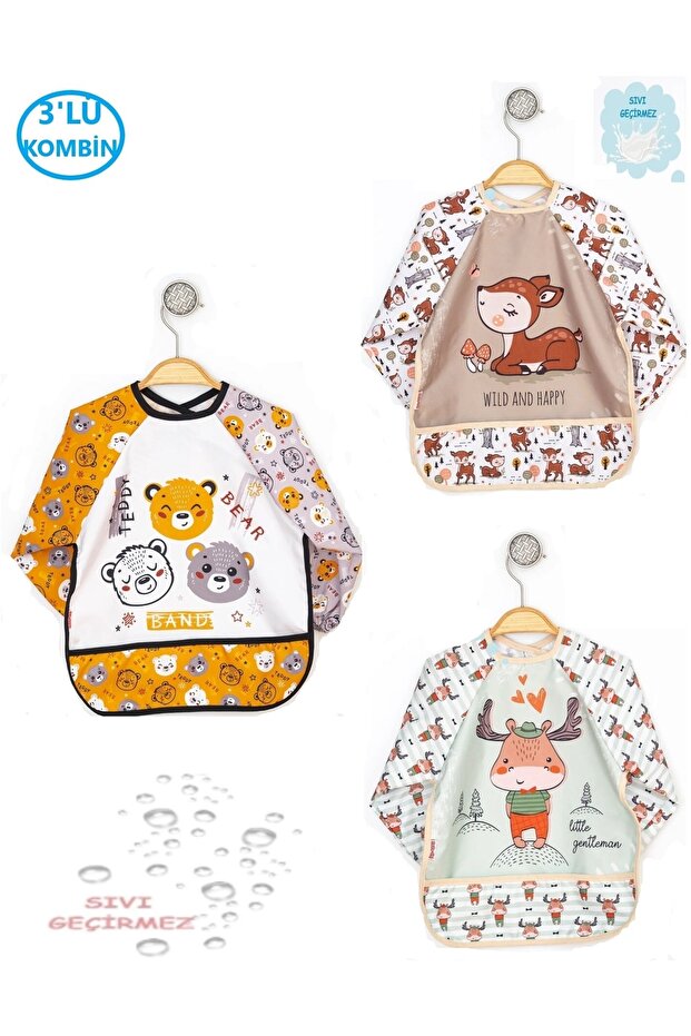 Bebechi 3-Piece Combination Long Sleeve Wearable Liquid-Proof Activity and Baby Bib for 0-3 Years
