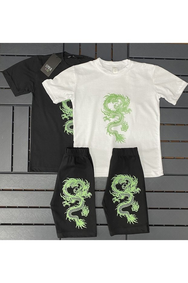 2 Piece Set Dragon Printed Girls/Boys Shorts and T-Shirt Set, Black White, Black Black