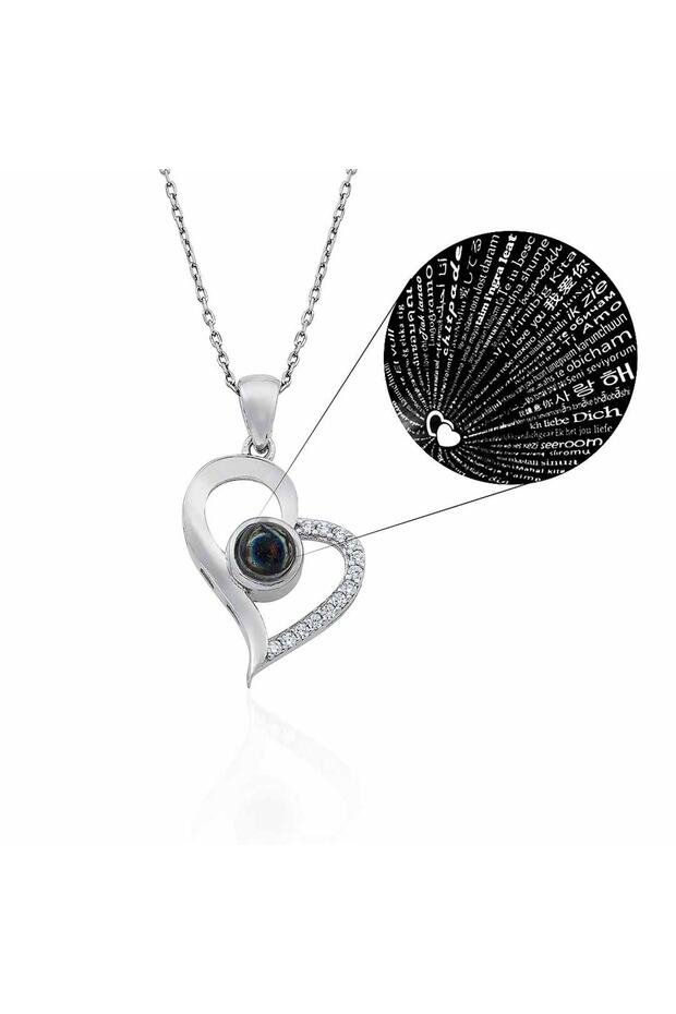 Zircon Stone Heart Necklace with I Love You Written in 100 Languages