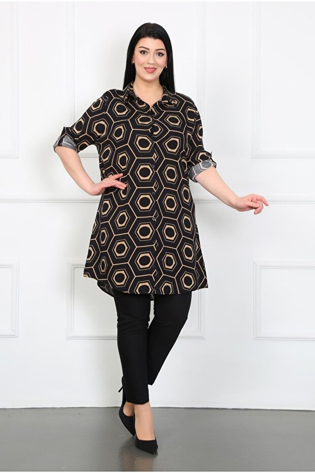 Women's Black Cotton Viscose Honeycomb Pattern Large Size Tunic